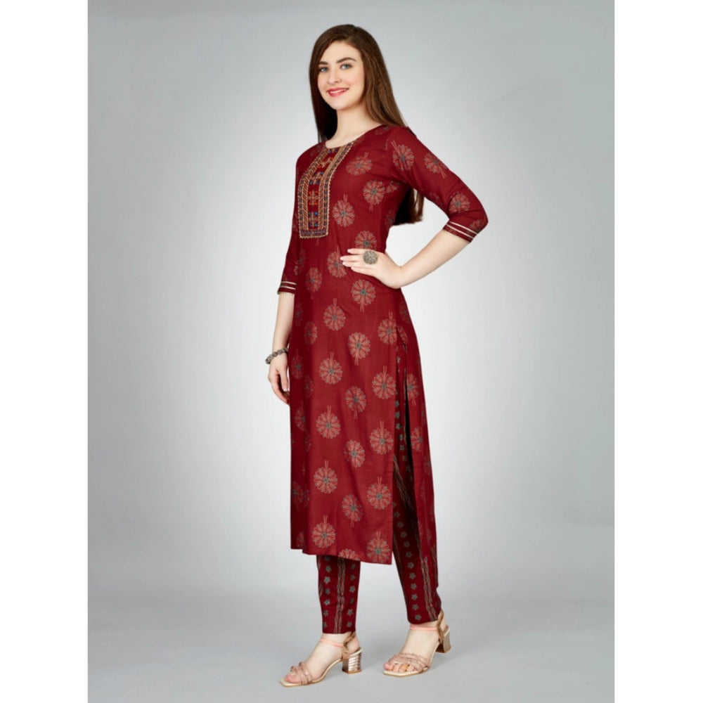 Roneclick Women's Casual 3-4 th Sleeve Embroidery Rayon Kurti Pant Set (Maroon)