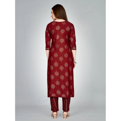 Roneclick Women's Casual 3-4 th Sleeve Embroidery Rayon Kurti Pant Set (Maroon)