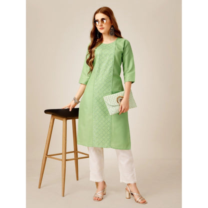 Roneclick Women's Casual 3-4 th Sleeve Embroidery Cotton Kurti Pant Set (Pista Green)