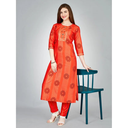 Roneclick Women's Casual 3-4 th Sleeve Embroidery Rayon Kurti Pant Set (Orange)