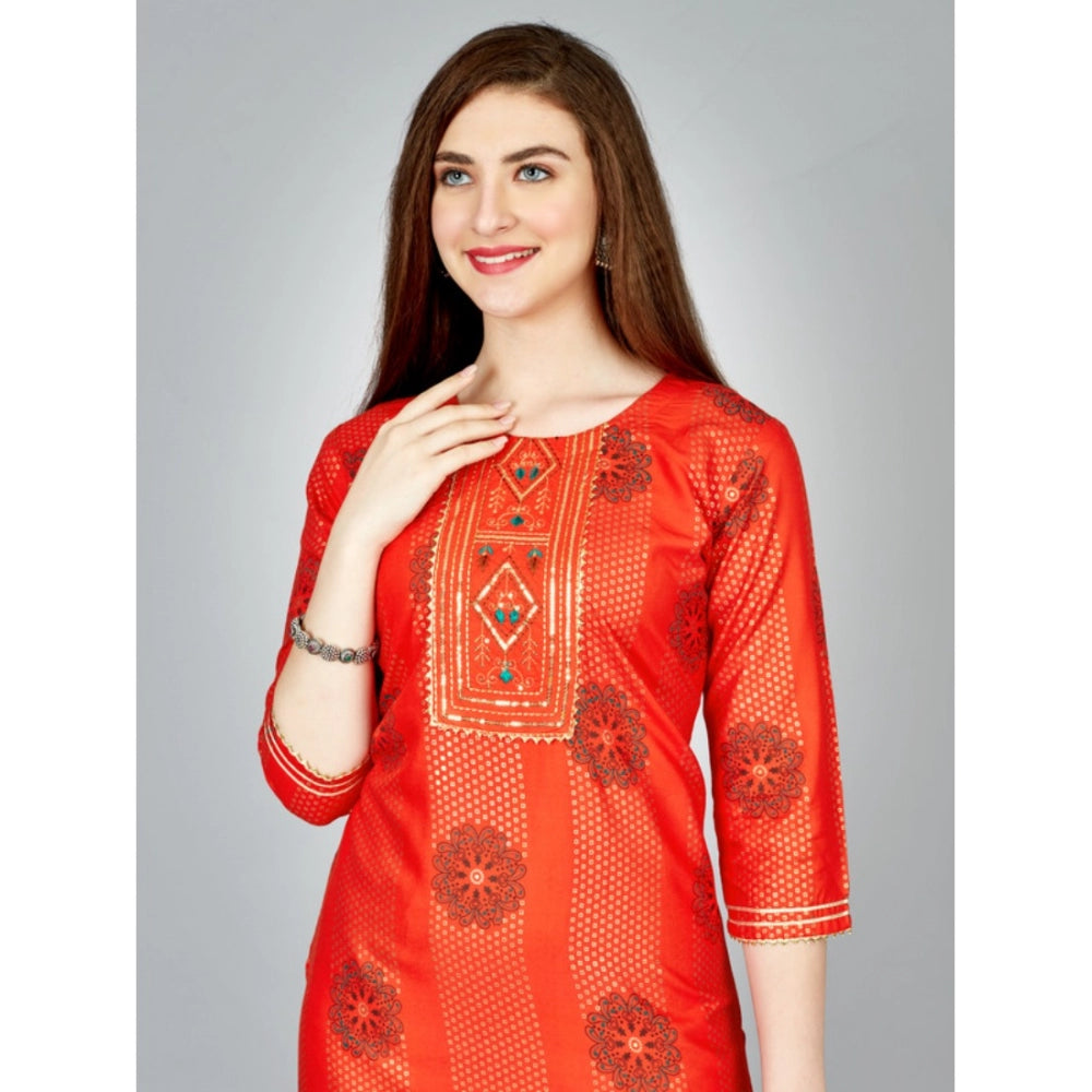 Roneclick Women's Casual 3-4 th Sleeve Embroidery Rayon Kurti Pant Set (Orange)