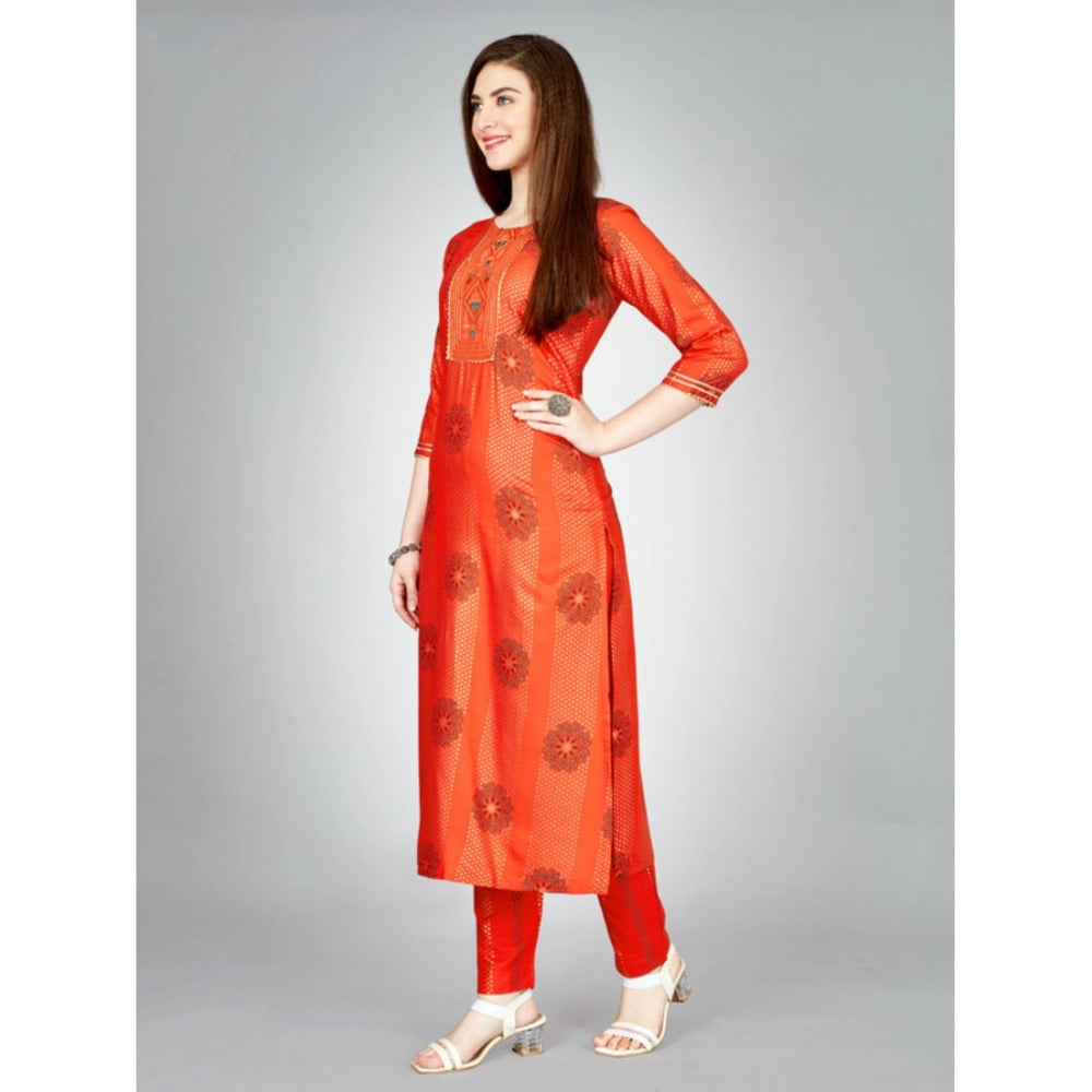 Roneclick Women's Casual 3-4 th Sleeve Embroidery Rayon Kurti Pant Set (Orange)