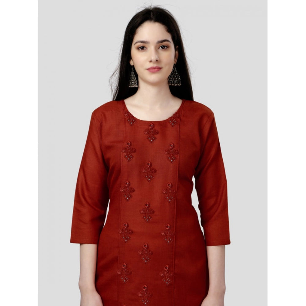 Roneclick Women's Casual 3-4 th Sleeve Embroidery Cotton Kurti (Rust)