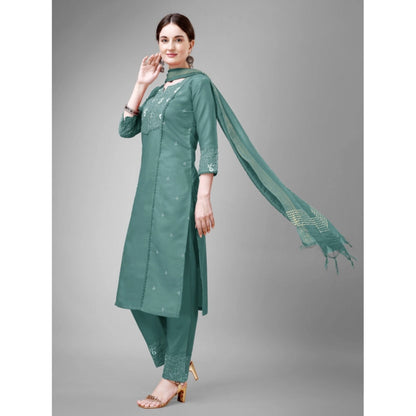 Roneclick Women's Casual 3-4 th Sleeve Embroidery Cotton Kurti Pant Dupatta Set (Teal)