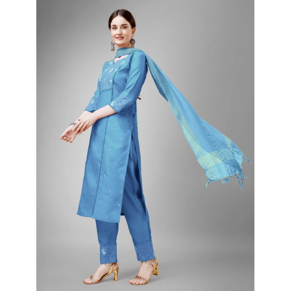 Roneclick Women's Casual 3-4 th Sleeve Embroidery Cotton Kurti Pant Dupatta Set (Sky Blue)