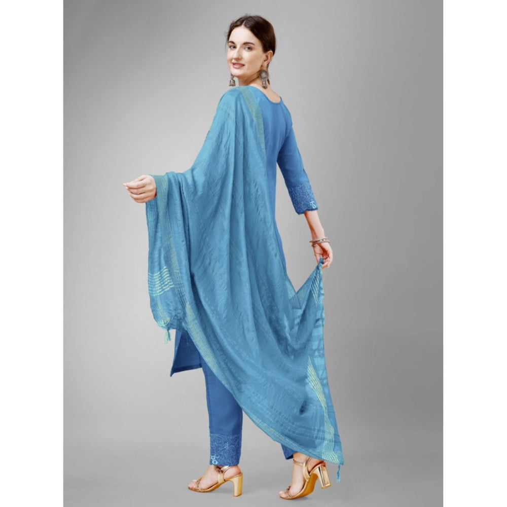 Roneclick Women's Casual 3-4 th Sleeve Embroidery Cotton Kurti Pant Dupatta Set (Sky Blue)