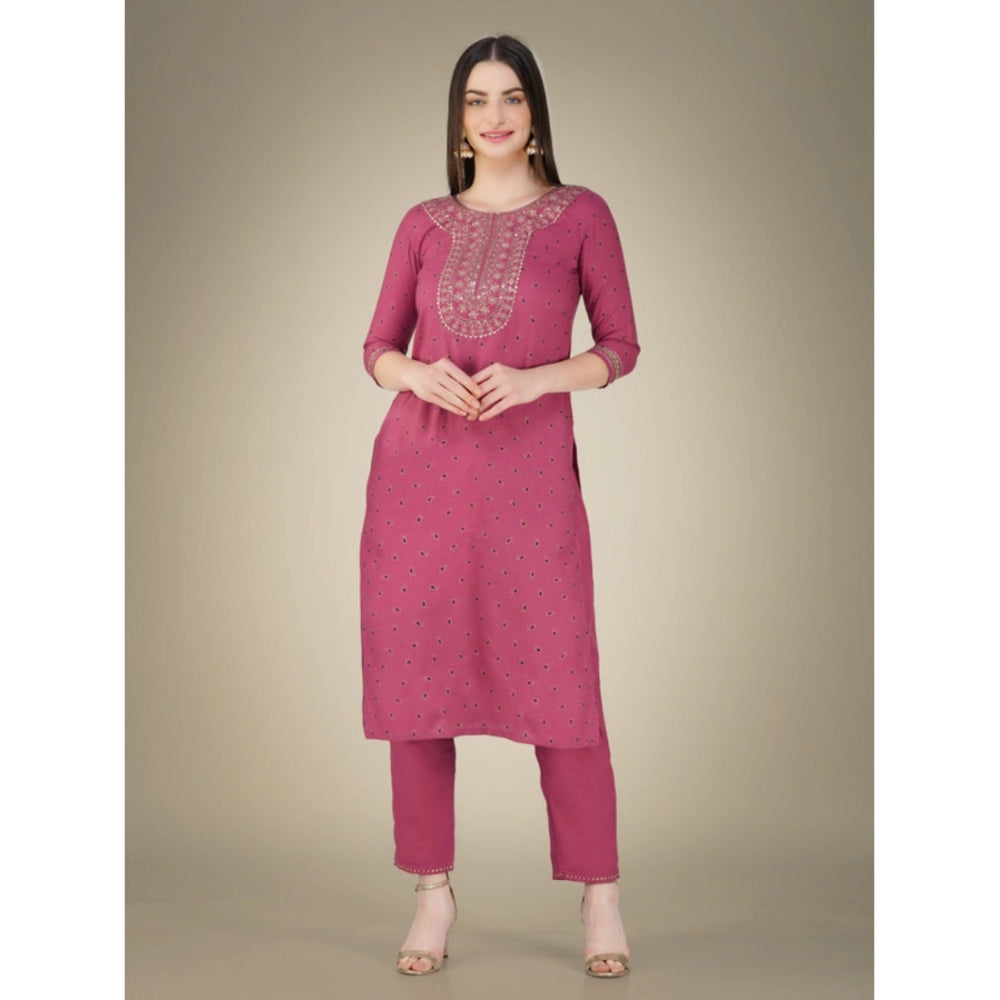 Roneclick Women's Casual 3-4 th Sleeve Embroidery Cotton Kurti Pant Dupatta Set (Wine)