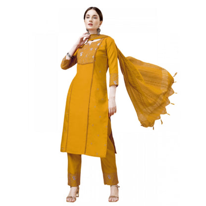 Roneclick Women's Casual 3-4 th Sleeve Embroidery Cotton Kurti Pant Dupatta Set (Yellow)