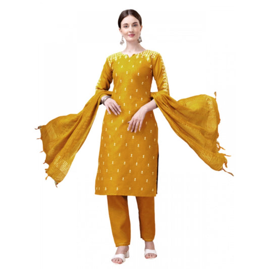 Roneclick Women's Casual 3-4 th Sleeve Embroidery Cotton Kurti Pant Dupatta Set (Yellow)