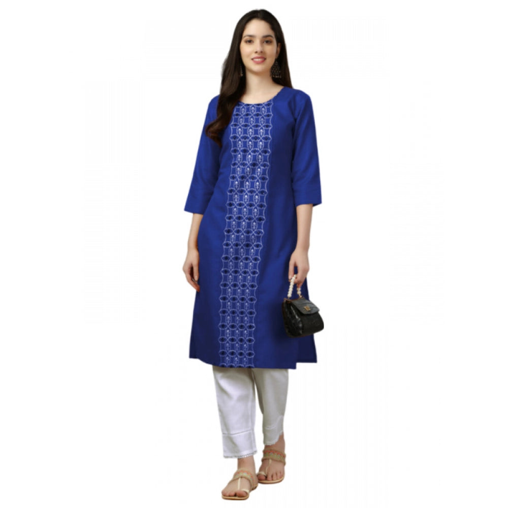 Roneclick Women's Casual 3-4 th Sleeve Embroidery Cotton Kurti (Blue)