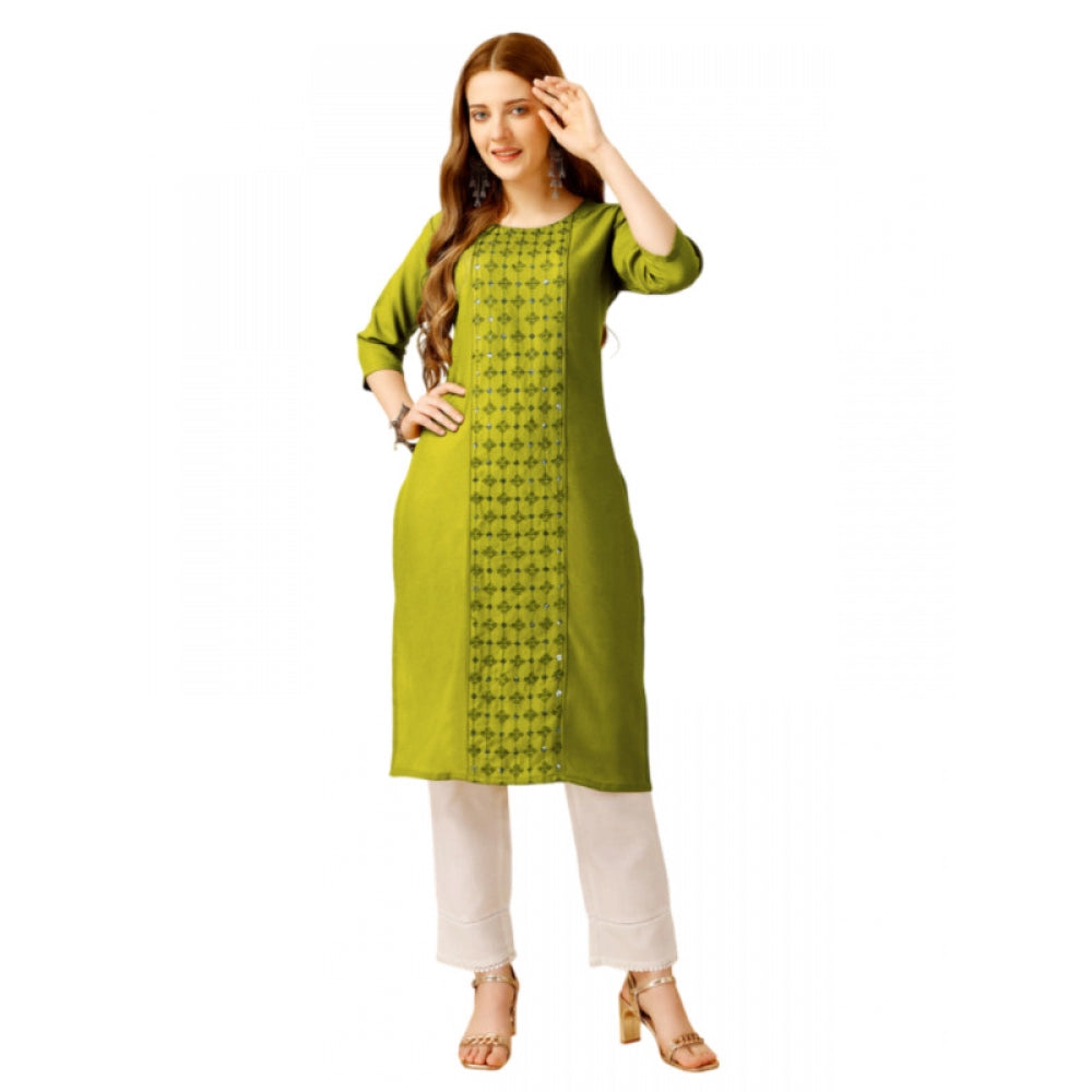 Roneclick Women's Casual 3-4 th Sleeve Embroidery Cotton Kurti Pant Set (Green)