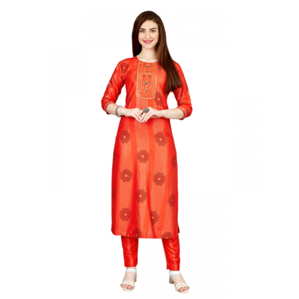 Roneclick Women's Casual 3-4 th Sleeve Embroidery Rayon Kurti Pant Set (Orange)