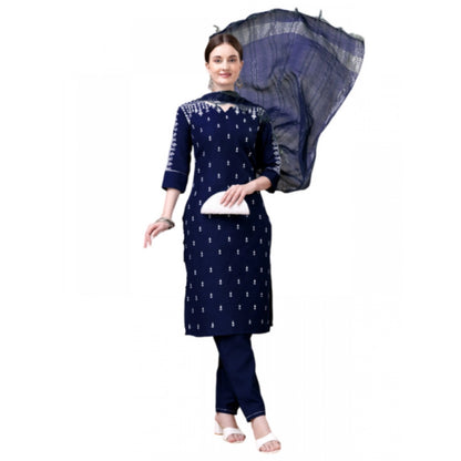 Roneclick Women's Casual 3-4 th Sleeve Embroidery Cotton Kurti Pant Dupatta Set (Dark Blue)