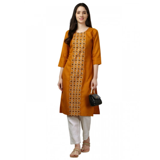 Roneclick Women's Casual 3-4 th Sleeve Embroidery Cotton Kurti (Mustard)