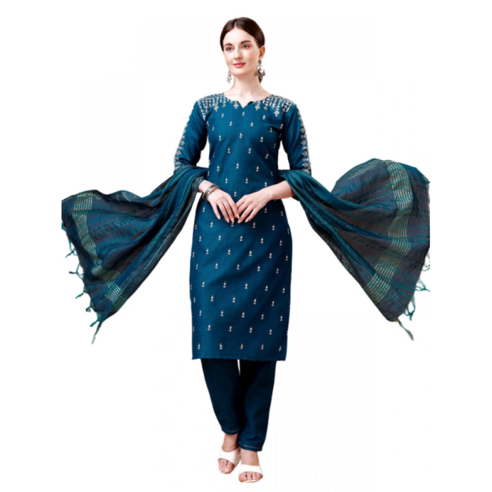 Roneclick Women's Casual 3-4 th Sleeve Embroidery Cotton Kurti Pant Dupatta Set (Blue )