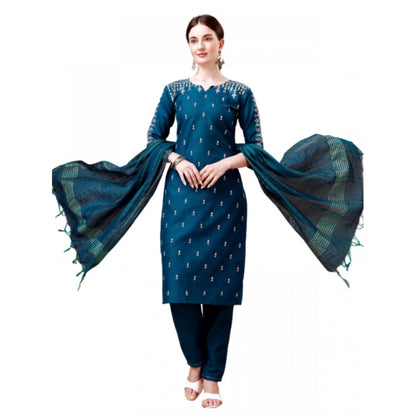 Roneclick Women's Casual 3-4 th Sleeve Embroidery Cotton Kurti Pant Dupatta Set (Blue )