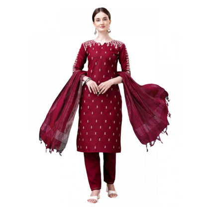 Roneclick Women's Casual 3-4 th Sleeve Embroidery Cotton Kurti Pant Dupatta Set (Maroon)