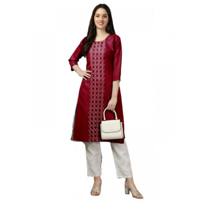 Roneclick Women's Casual 3-4 th Sleeve Embroidery Cotton Kurti (Maroon)