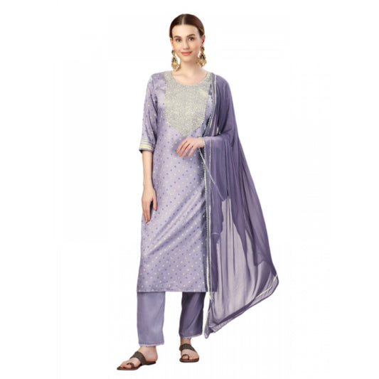 Roneclick Women's Casual 3-4 th Sleeve Embroidery Silk Blend Kurti Pant Dupatta Set (Lavender)