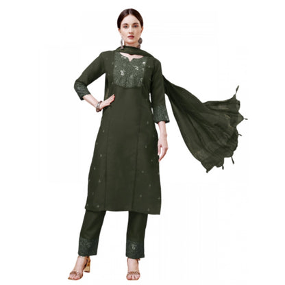 Roneclick Women's Casual 3-4 th Sleeve Embroidery Cotton Kurti Pant Dupatta Set (Dark Green)