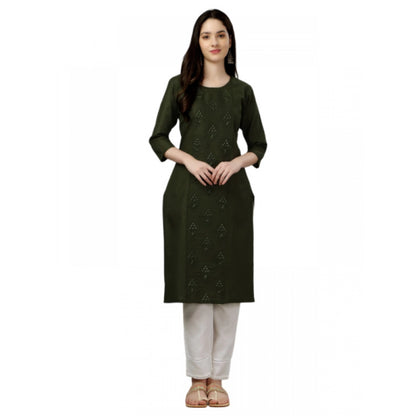 Roneclick Women's Casual 3-4 th Sleeve Embroidery Cotton Kurti (Dark Green)