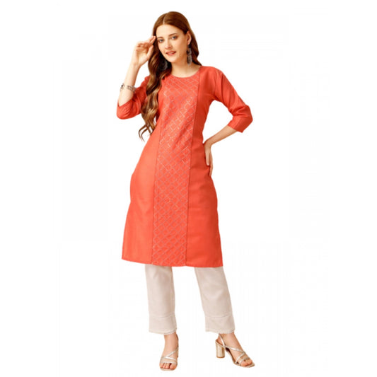 Roneclick Women's Casual 3-4 th Sleeve Embroidery Cotton Kurti Pant Set (Orange)