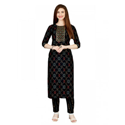 Roneclick Women's Casual 3-4 th Sleeve Embroidery Rayon Kurti Pant Set (Black)