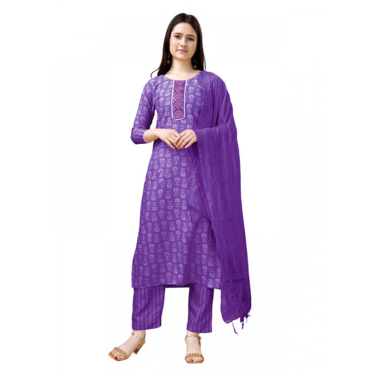 Roneclick Women's Casual 3-4 th Sleeve Embroidery Rayon Kurti Pant Dupatta Set (Purple)