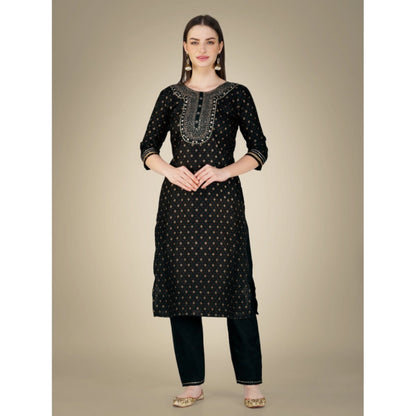 Roneclick Women's Casual 3-4 th Sleeve Embroidery Cotton Kurti Pant Dupatta Set (Black)