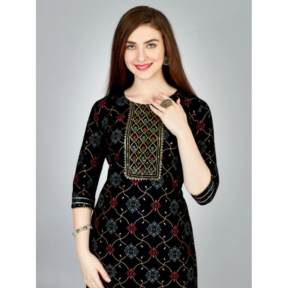 Roneclick Women's Casual 3-4 th Sleeve Embroidery Rayon Kurti Pant Set (Black)