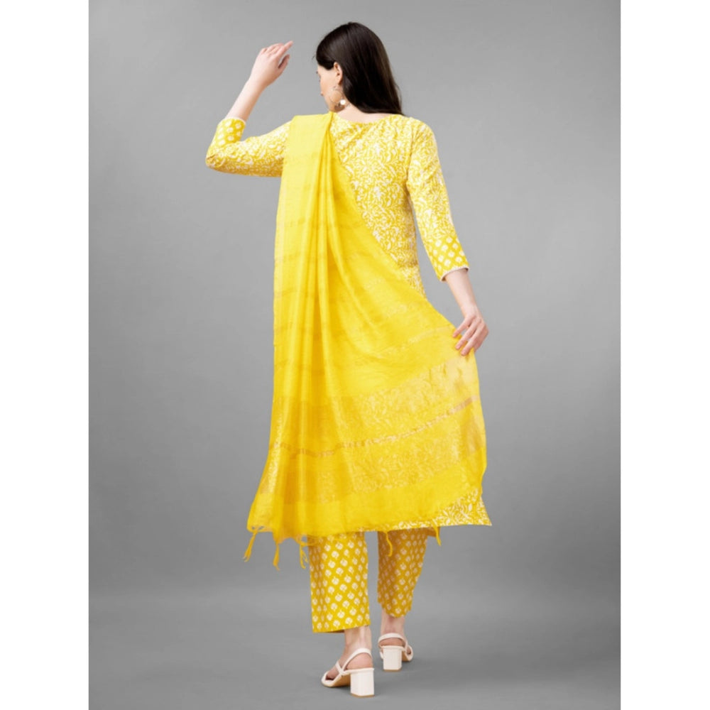 Roneclick Women's Casual 3-4 th Sleeve Embroidery Rayon Kurti Pant Dupatta Set (Yellow)