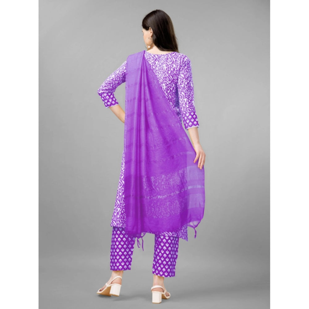 Roneclick Women's Casual 3-4 th Sleeve Embroidery Rayon Kurti Pant Dupatta Set (Purple)