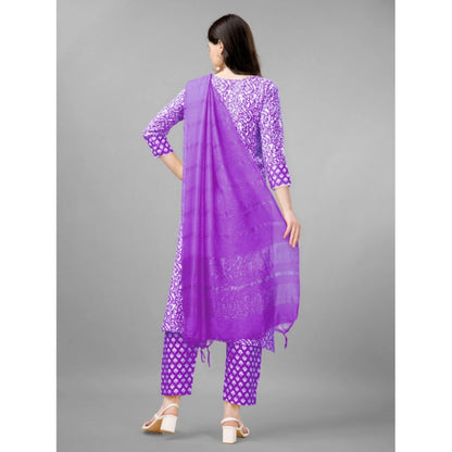 Roneclick Women's Casual 3-4 th Sleeve Embroidery Rayon Kurti Pant Dupatta Set (Purple)