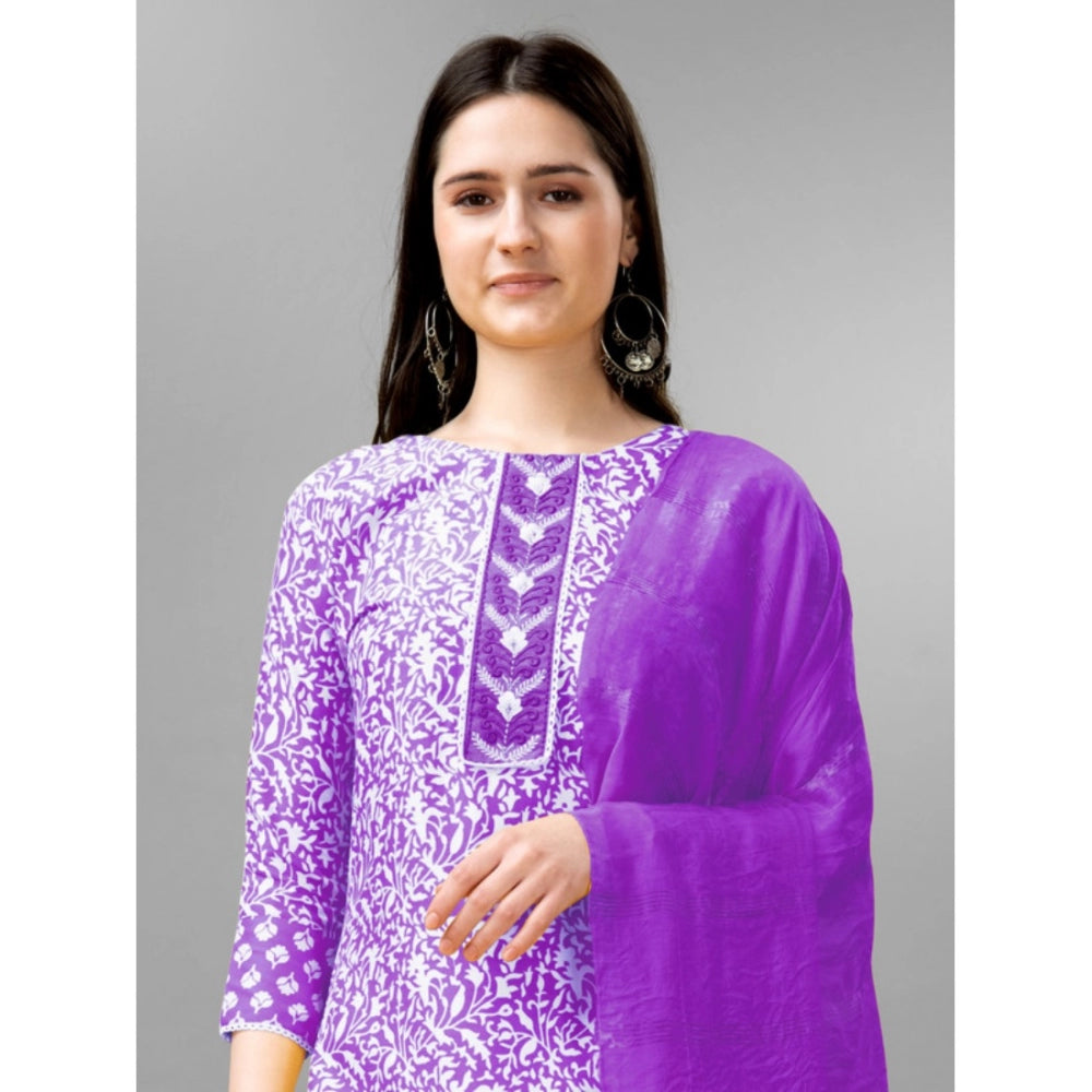 Roneclick Women's Casual 3-4 th Sleeve Embroidery Rayon Kurti Pant Dupatta Set (Purple)