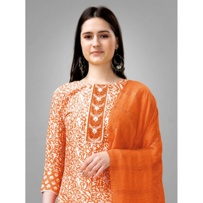 Roneclick Women's Casual 3-4 th Sleeve Embroidery Rayon Kurti Pant Dupatta Set (Orange)