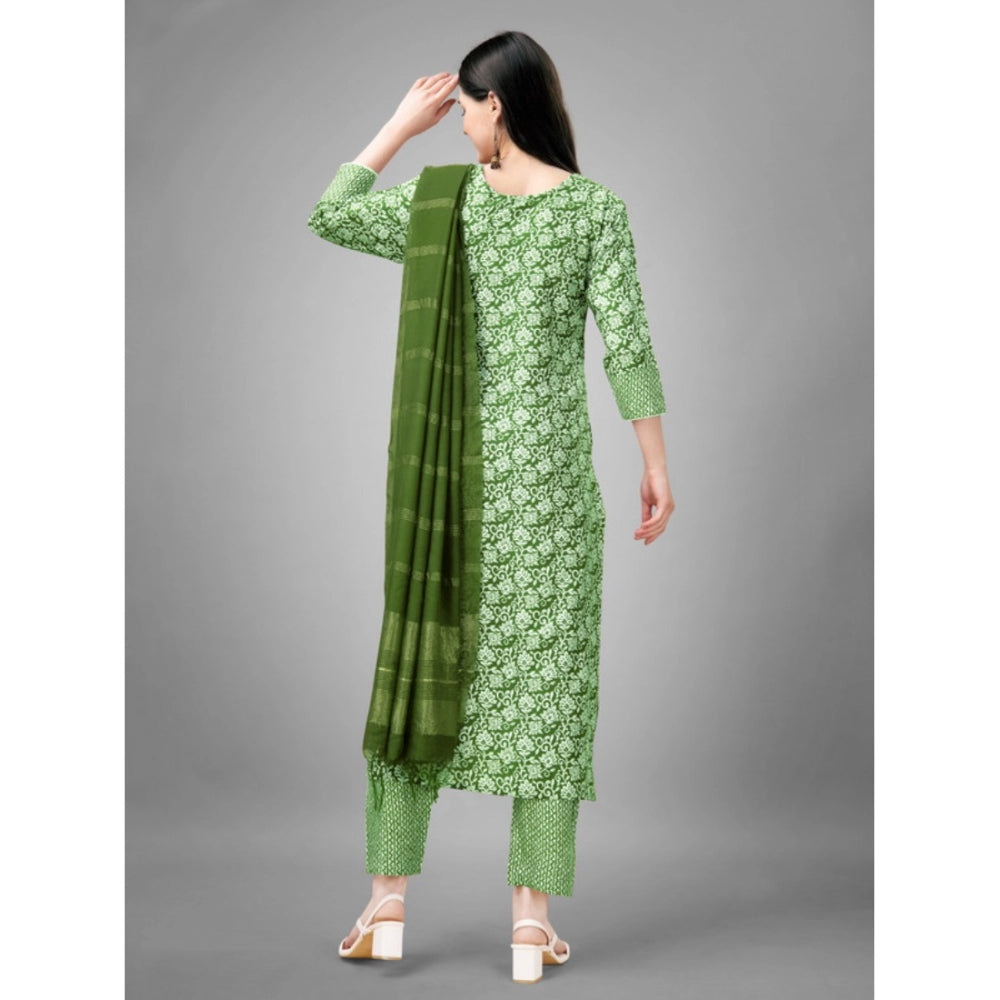 Roneclick Women's Casual 3-4 th Sleeve Embroidery Rayon Kurti Pant Dupatta Set (Green)