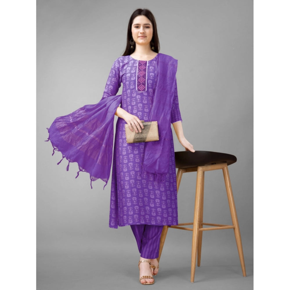 Roneclick Women's Casual 3-4 th Sleeve Embroidery Rayon Kurti Pant Dupatta Set (Purple)