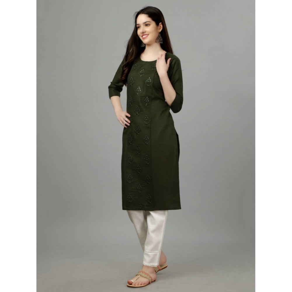 Roneclick Women's Casual 3-4 th Sleeve Embroidery Cotton Kurti (Dark Green)