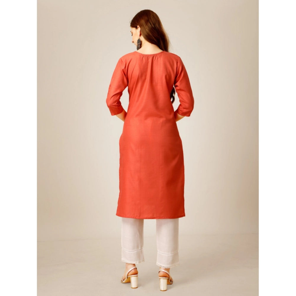 Roneclick Women's Casual 3-4 th Sleeve Embroidery Cotton Kurti Pant Set (Orange)