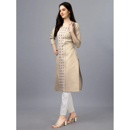 Roneclick Women's Casual 3-4 th Sleeve Embroidery Cotton Kurti (Beige)