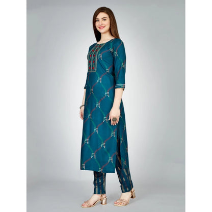 Roneclick Women's Casual 3-4 th Sleeve Embroidery Rayon Kurti Pant Set (Dark Blue)