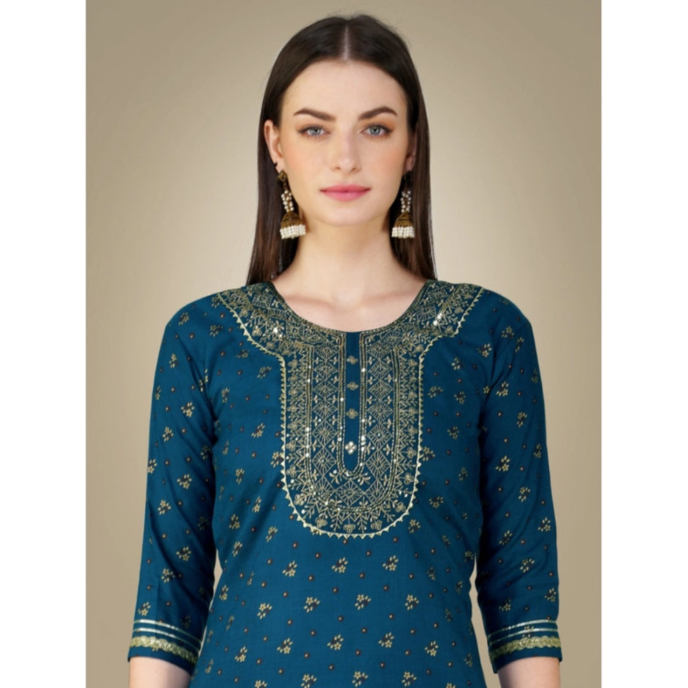 Roneclick Women's Casual 3-4 th Sleeve Embroidery Cotton Kurti Pant Dupatta Set (Blue )