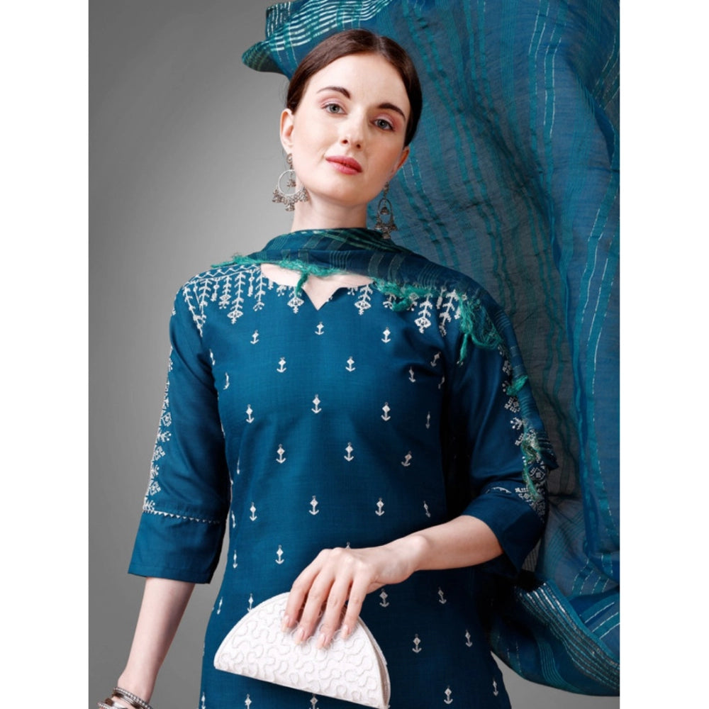 Roneclick Women's Casual 3-4 th Sleeve Embroidery Cotton Kurti Pant Dupatta Set (Blue )