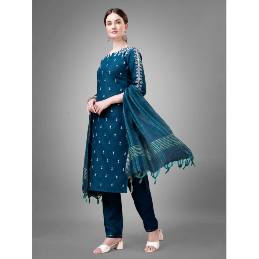 Roneclick Women's Casual 3-4 th Sleeve Embroidery Cotton Kurti Pant Dupatta Set (Blue )