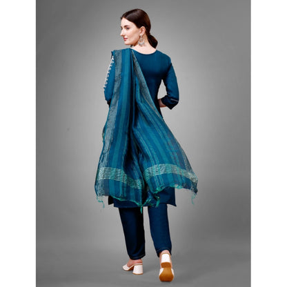 Roneclick Women's Casual 3-4 th Sleeve Embroidery Cotton Kurti Pant Dupatta Set (Blue )