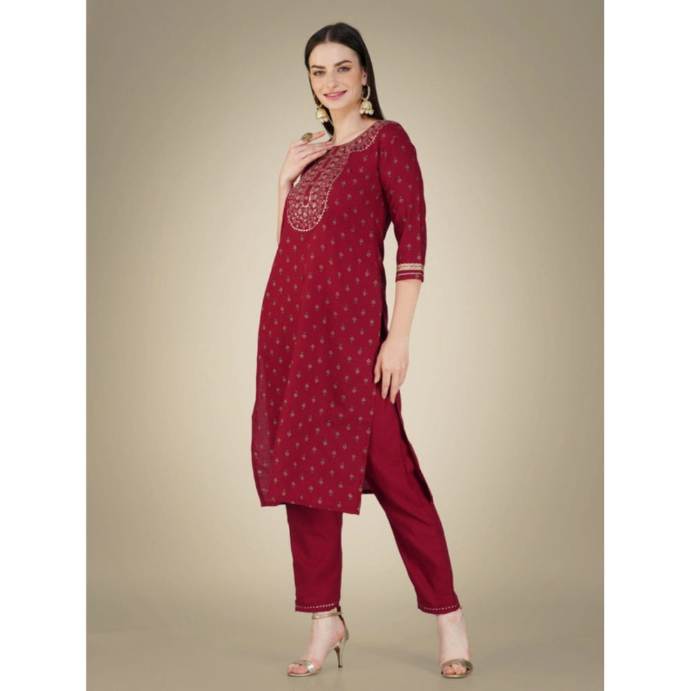 Roneclick Women's Casual 3-4 th Sleeve Embroidery Cotton Kurti Pant Dupatta Set (Maroon)