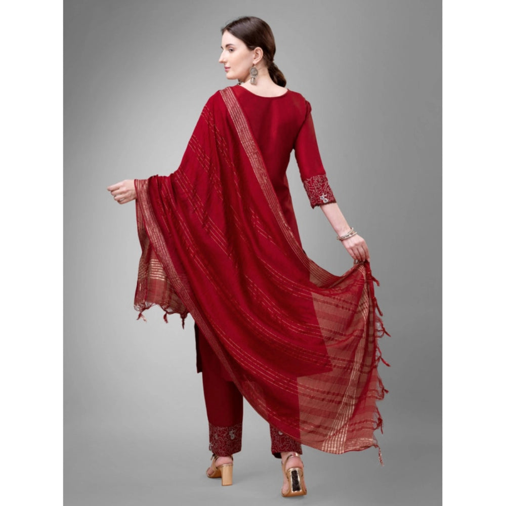 Roneclick Women's Casual 3-4 th Sleeve Embroidery Cotton Kurti Pant Dupatta Set (Maroon)