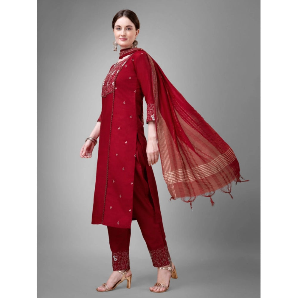 Roneclick Women's Casual 3-4 th Sleeve Embroidery Cotton Kurti Pant Dupatta Set (Maroon)