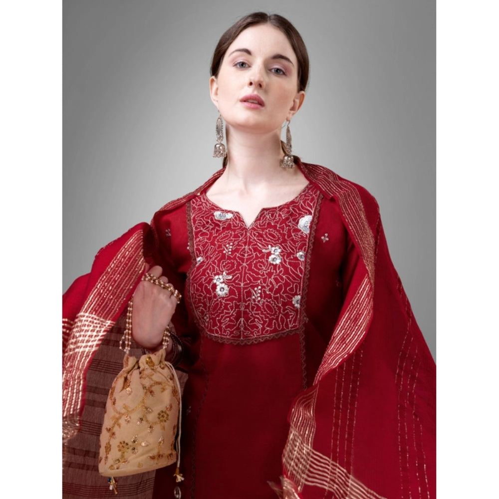 Roneclick Women's Casual 3-4 th Sleeve Embroidery Cotton Kurti Pant Dupatta Set (Maroon)