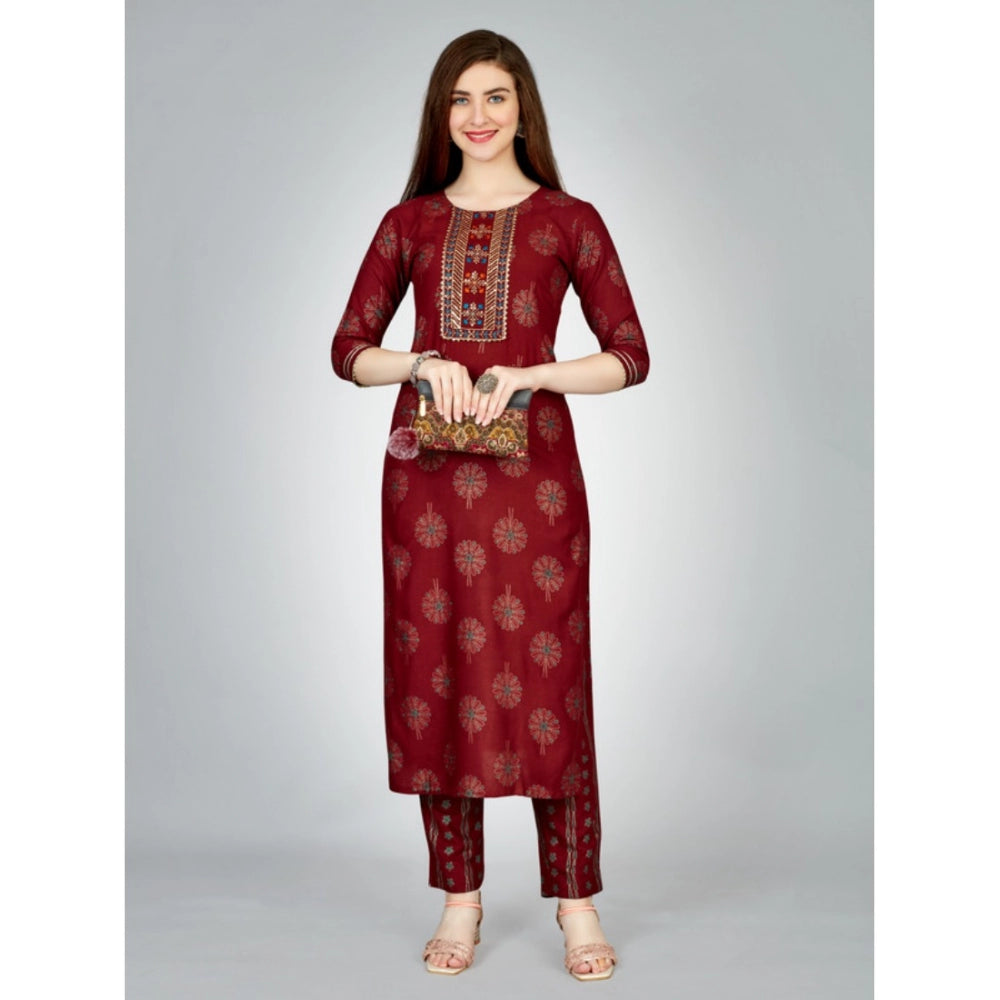 Roneclick Women's Casual 3-4 th Sleeve Embroidery Rayon Kurti Pant Set (Maroon)